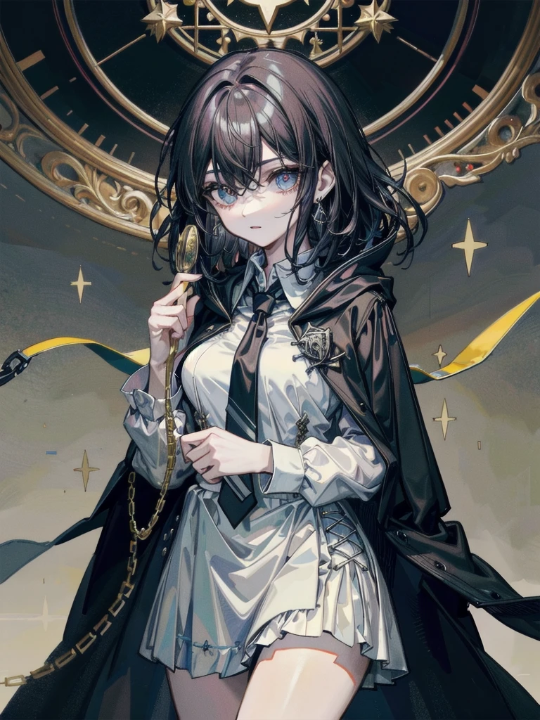amusement park, hogwarts teacher, necktie, cloak, absurdres, RAW photo, extremely delicate and beautiful, masterpiece, Best Quality, ultra high resolution, 32k, hyperrealistic, ultra-detailed, perfect figure, perfect shape, detailed description, pale skin, 20 years old, detailed beautiful face and eyes, tearful mole, earring, short medium hair, wavy hair, black hair, big tits,