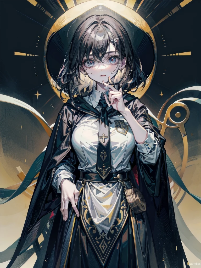 amusement park, hogwarts teacher, necktie, cloak, absurdres, RAW photo, extremely delicate and beautiful, masterpiece, Best Quality, ultra high resolution, 32k, hyperrealistic, ultra-detailed, perfect figure, perfect shape, detailed description, pale skin, 20 years old, detailed beautiful face and eyes, tearful mole, earring, short medium hair, wavy hair, black hair, big tits,