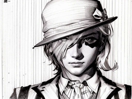 drawing of a woman with a hat and a tie, the madhatter, inspired by Junpei Satoh, inspired by Yamagata Hiro, pencil and ink manga drawing, character with a hat, the rad hatter, the mad hatter, shigenori soejima illustration, seinen manga portrait, leiji matsumoto