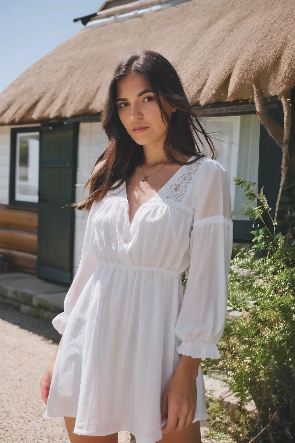 shot on Leica, shadowplay, gorgeous lighting, subtle hues, A beautiful woman with light delicately filtering through her hair, her summer dress is beautiful and she's standing in front of a cottage
