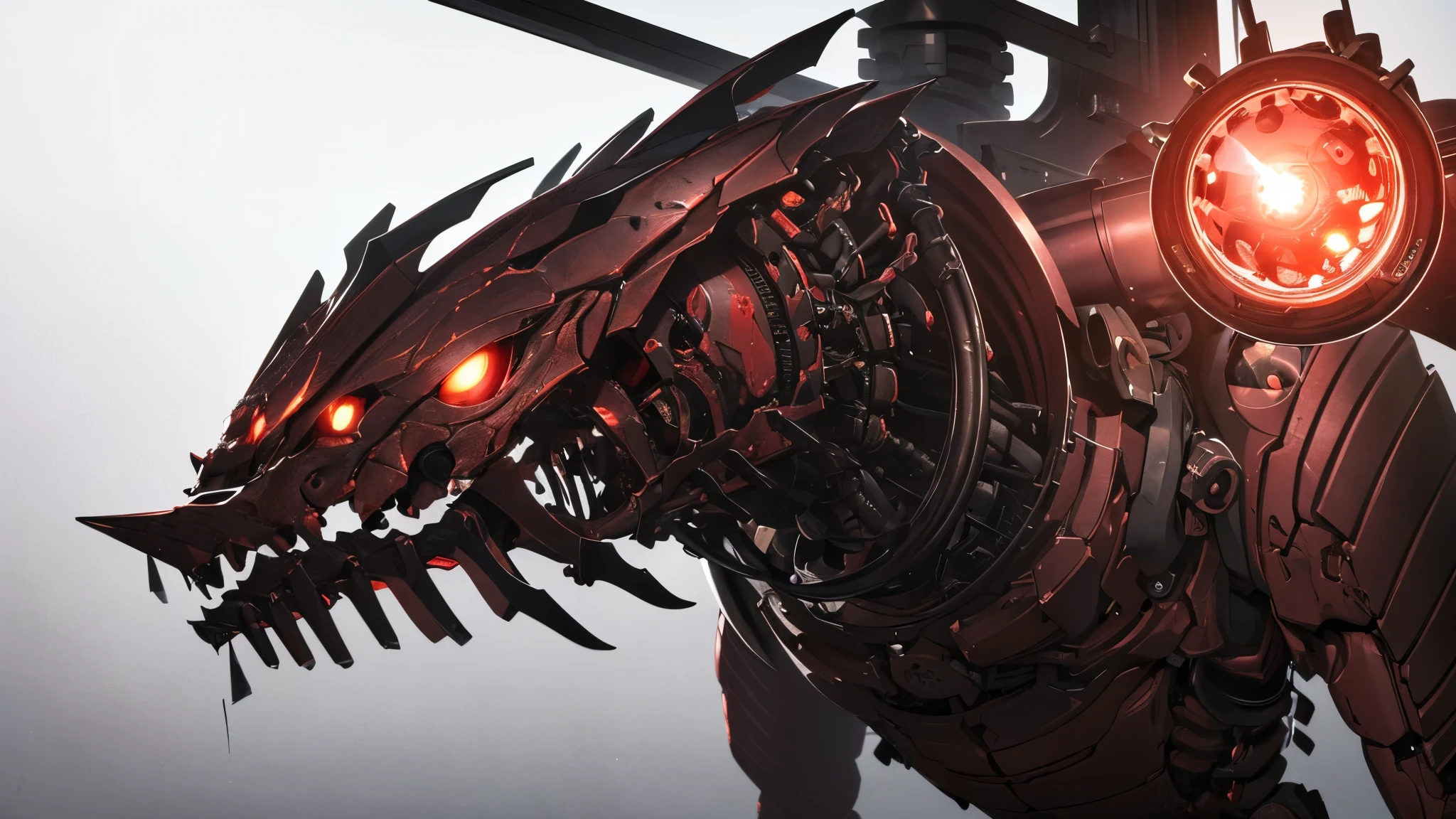 ((8K resolution))、((highest quality))、((masterpiece))、((Very detailed))((((dramatic))), (Anatomically correct)、The depth of the object to write、Looking at the camera、front、(Giant、Mechanical bones格、Mechanical boneechanical Cervical Vertebra、Red light turbine core、Bloody)、spooky、an  ominous、((theme、whole body:1.1)), SF、Biomechanics、Design、background:Maintenance Dock
