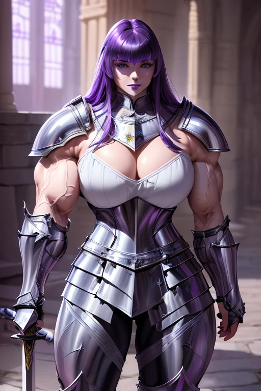 ((((Massive, tall, beautiful, buff, muscular pale white skinned asian female knight with violet purple hair, black lipstick, ginormous bulky muscles, holding a sword and shield and wearing an all violet purple gleaming knight armor with hauberk and pants)))), {close view}, black eyeliner, massive muscles, massive biceps, hyper muscle triceps, (long hair with long bangs), black eyes, knight boots, In a castle, hauberk, violet purple steel knight armor, armor breastplate, nighttime, confident smile, hyper muscles arms, hyper muscle legs, ginormous arms