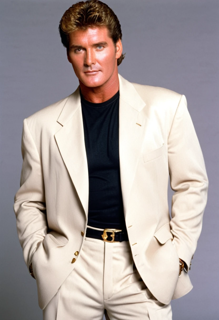 David Hasselhoff, 1990s, tan suit with black tee, suave, 1996, 90s style, blank background
