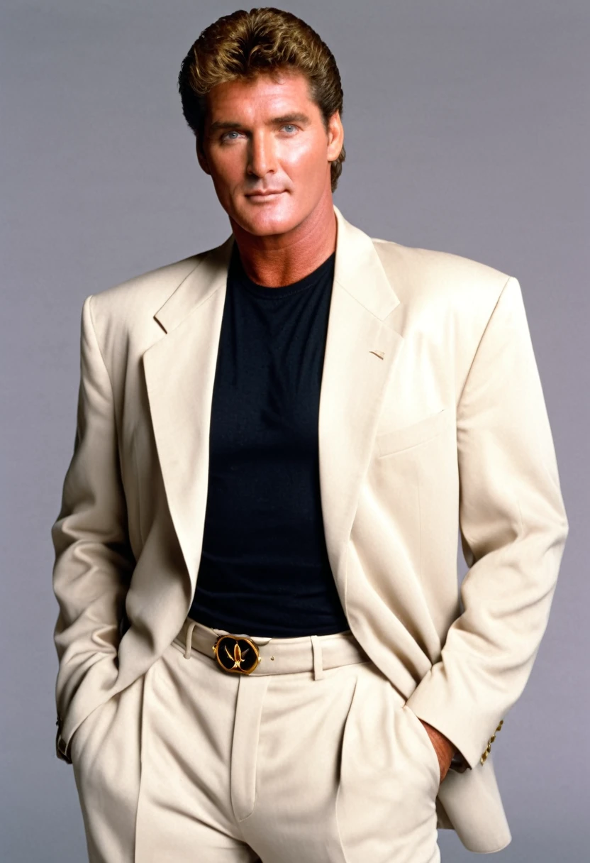 David Hasselhoff, 1990s, tan suit with black tee, suave, 1996, 90s style, blank background