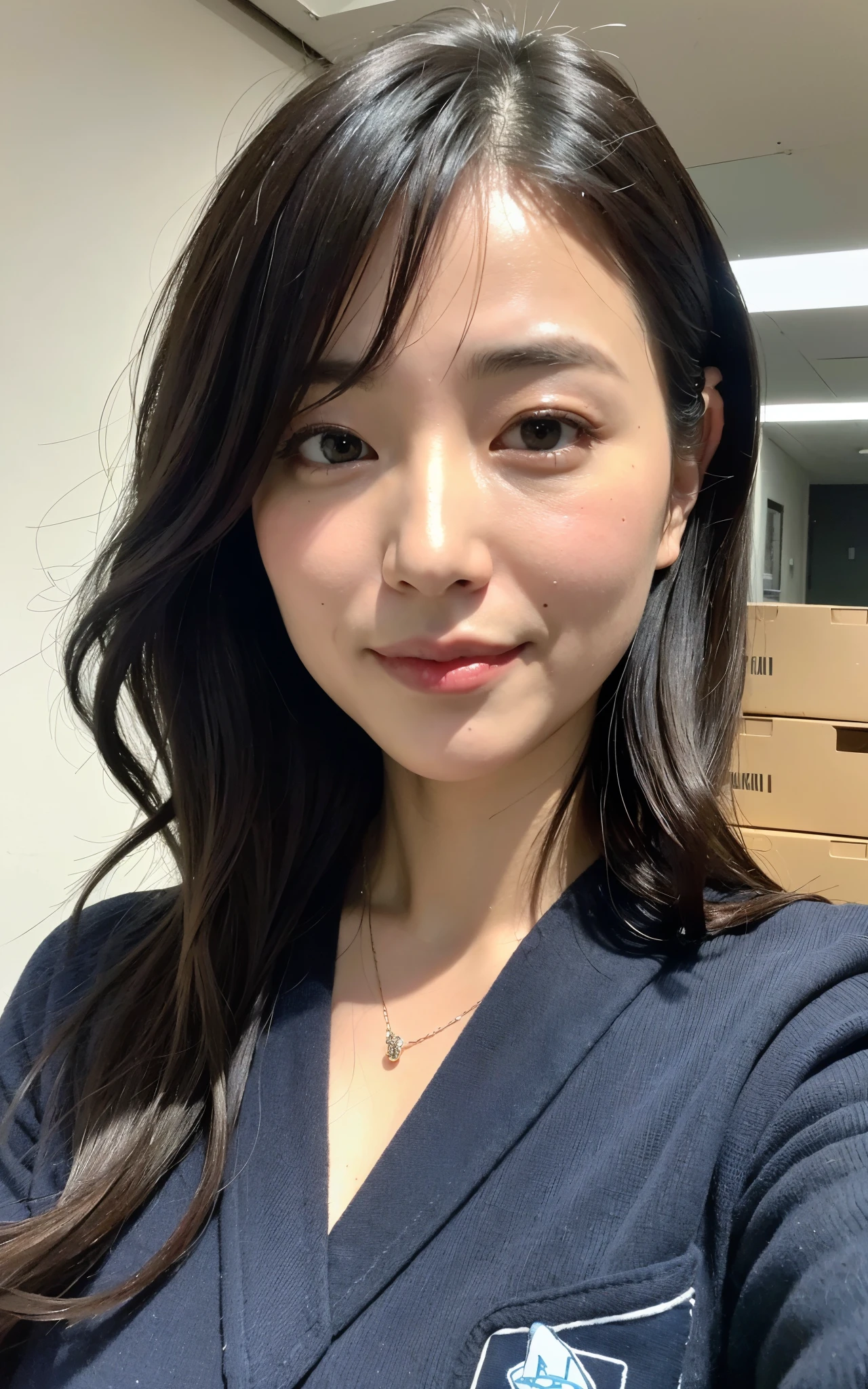 ((Best Quality, 8k, Masterpiece: 1.3)), Photorealistic, Sharp Focus, High Quality, High Definition, Portrait, Solo, Japan, Middle Aged Woman, Beauty, 43 years old, Plump, Wavy Hair, receptionist uniform, Wrinkles at the corners of the eyes:0.5, Narrow backyard, Lots of boxes, Lots of files, Dark background