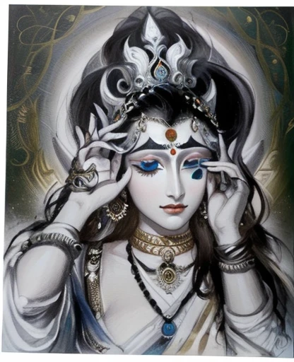 painting of a woman with a crown on her head holding her hands up to her face, third eye, opening third eye, 3rd eye, mystical third eye, shiva, third - eye visions, india tika third eye, third eye middle of forehead, cyborg hindu godbody, hindu god, third eye in middle of forehead, an exhausted deity
