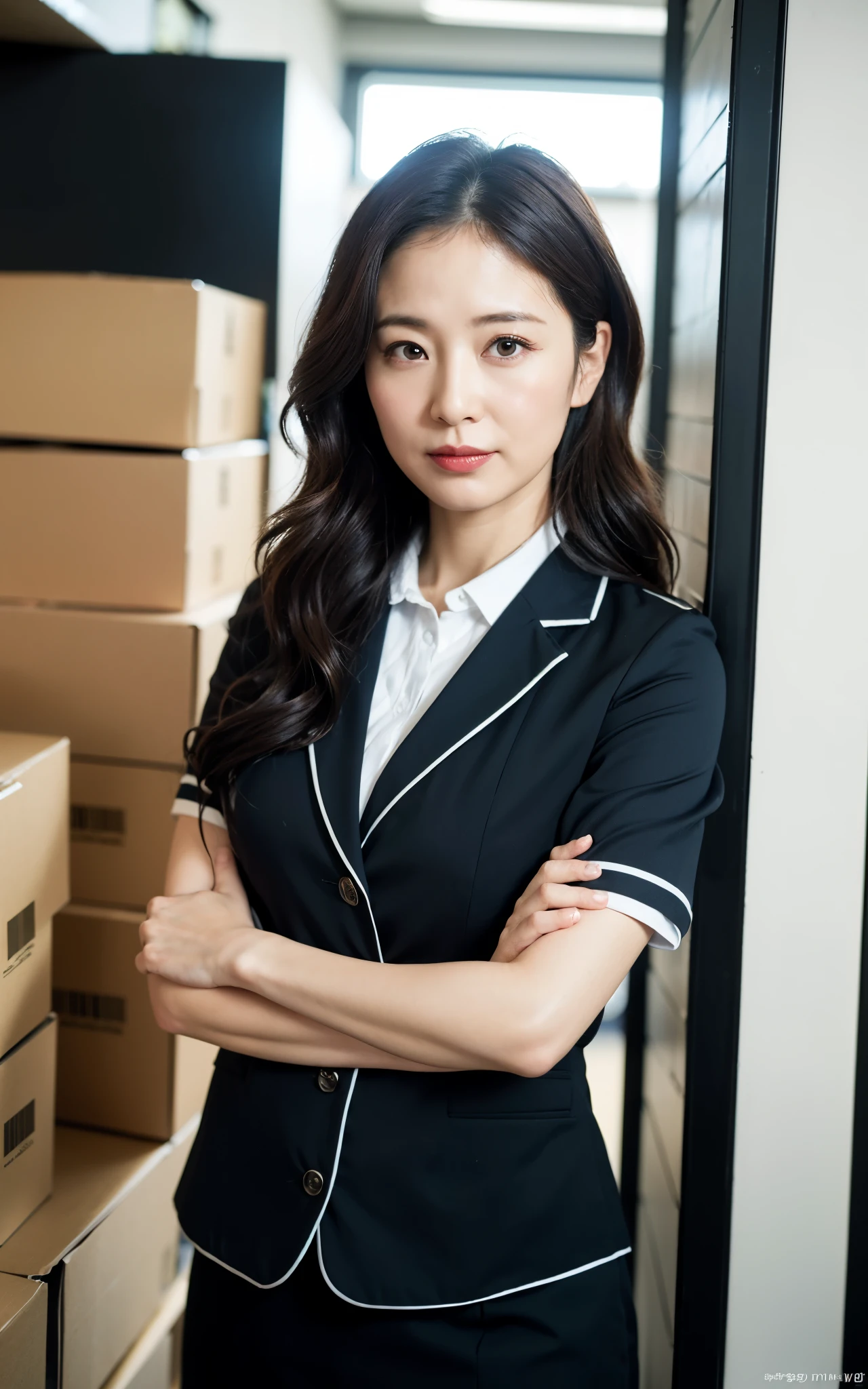 ((Best Quality, 8k, Masterpiece: 1.3)), Photorealistic, Sharp Focus, High Quality, High Definition, Portrait, Solo, Japan, Middle Aged Woman, Beauty, 43 years old, Plump, Wavy Hair, receptionist uniform, Wrinkles at the corners of the eyes:0.5, Narrow backyard, Lots of boxes, Lots of files, Dark background