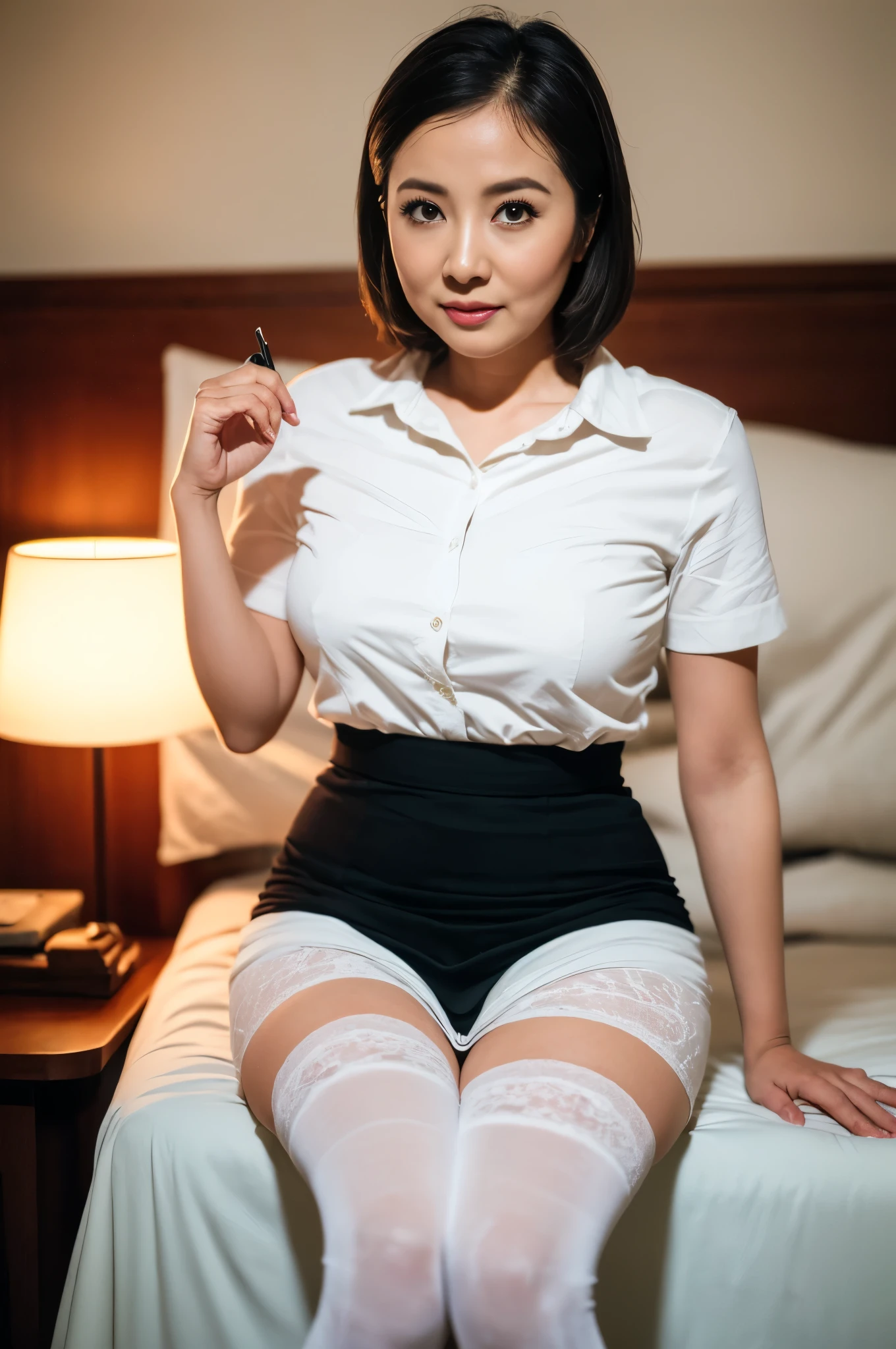 ​((masterpiece, Better Quality, hight resolution, Photorealsitic:1.4, Raw photography, high quality image)), ((portrait:1.2)), 1Milf sitting on bedside, (wearing white short callored shirts, wearing black pencil skirt, black stocking), curvy shape:0.5, very detailed and professional lighting, (cute facial expressions),