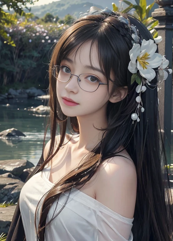 (surreal)、(High resolution)、(8K)、(Very detailed)、(Best Illustration)、(Beautifully detailed eyes)、(Top quality)、(Ultra Detailed)、(masterpiece)、(wallpaper)、(a delicate face)、Solitary、1 girl in、Looking at the audience、fine、a delicate face、in the dark night、Deep shadows、Low profile、purebred face_V1、a smile、long、Black straight hair、Side bangs、Wet hair、Moist skin、retreat、hair spread、Sheer cape at shoulders、dynamic posing、There are many flowers in the background、Big hair accessories、black frame glasses、