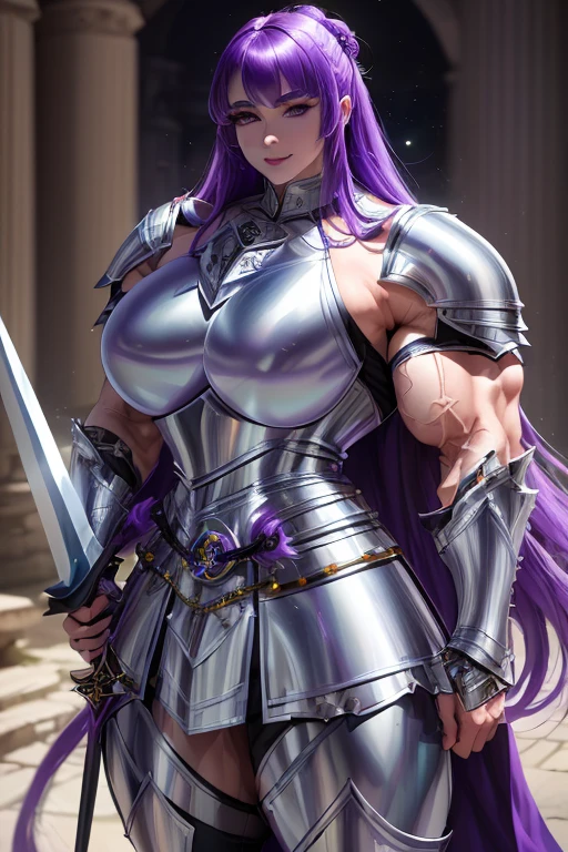 ((((Massive, tall, beautiful, buff, muscular pale white skinned asian female knight with violet purple hair, black lipstick, ginormous bulky muscles, holding a sword and shield and wearing an all violet purple gleaming knight armor with hauberk and pants)))), {close view}, black eyeliner, massive muscles, massive biceps, hyper muscle triceps, (long hair with long bangs), black eyes, knight boots, In a castle, hauberk, violet purple steel knight armor, armor breastplate, nighttime, confident smile, hyper muscles arms, hyper muscle legs, ginormous arms