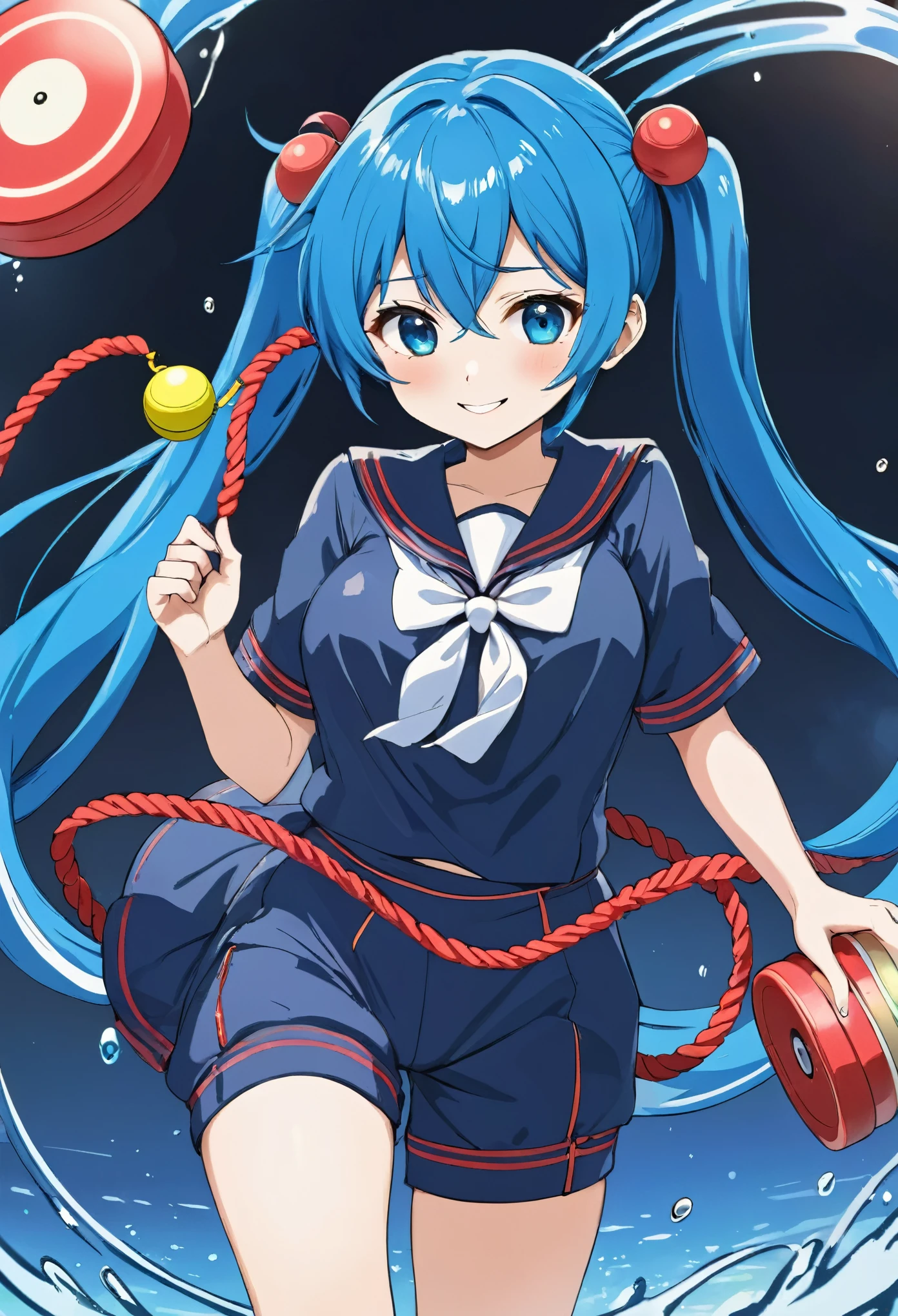 Blue haired anime girl holding a red spine in her hands, Splash Art Anime , Anime Style 4k, gyroscope, Light blue long hair、Beautiful girl with twin tails、Bright smile、playing a yoyo.spin a yoyo up and down on its string、Sukeban Deka、Throwing a Yo-Yo、Sailor suit