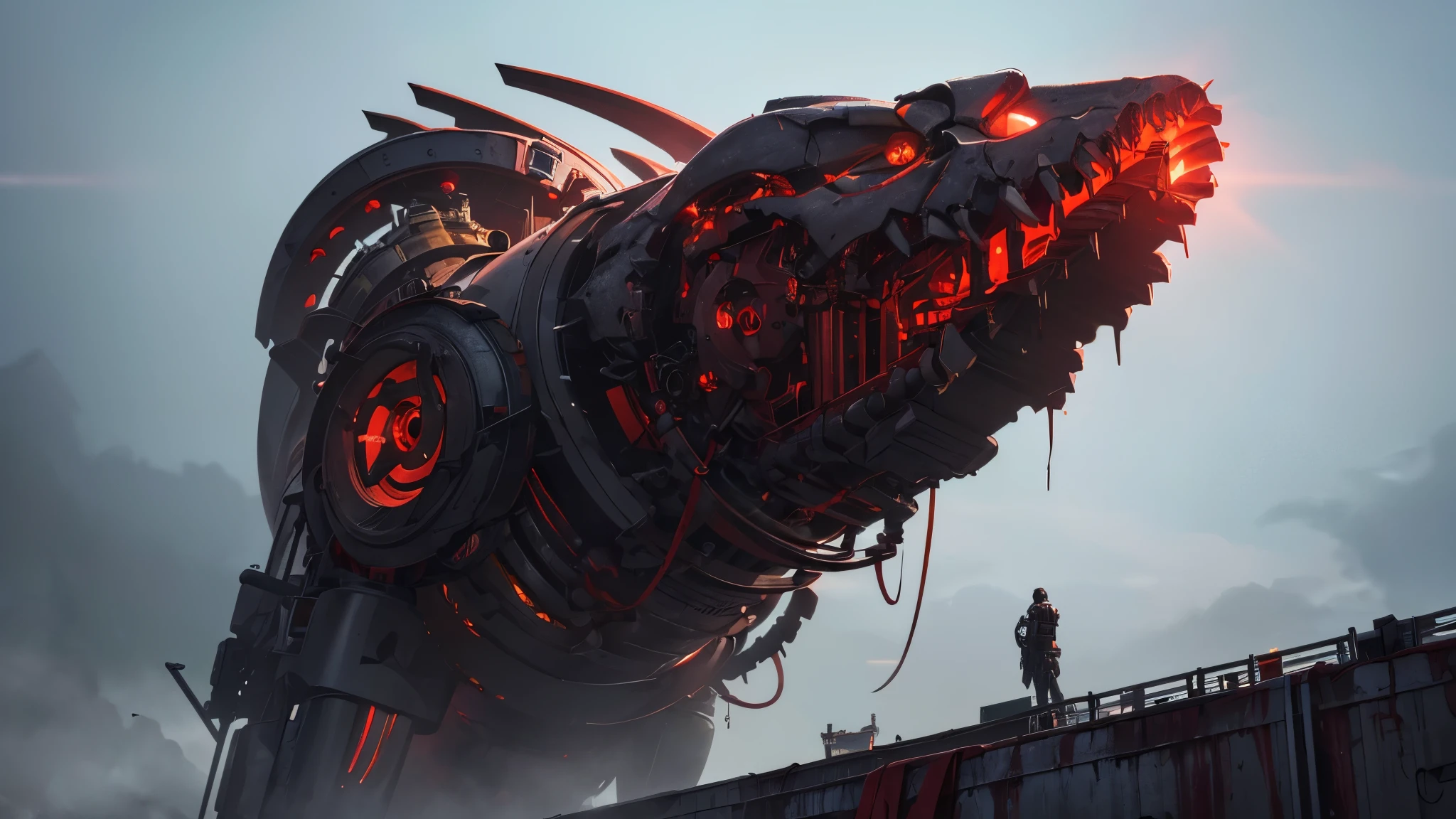 ((8K resolution))、((highest quality))、((masterpiece))、((Very detailed))((((dramatic))), (Anatomically correct)、The depth of the object to write、Looking at the camera、front、(Giant、Mechanical bones格、Mechanical boneechanical Cervical Vertebra、Red light turbine core、Bloody)、spooky、an ominous、((theme、whole body:1.1)), SF、Biomechanics、Design、background:Maintenance Dock