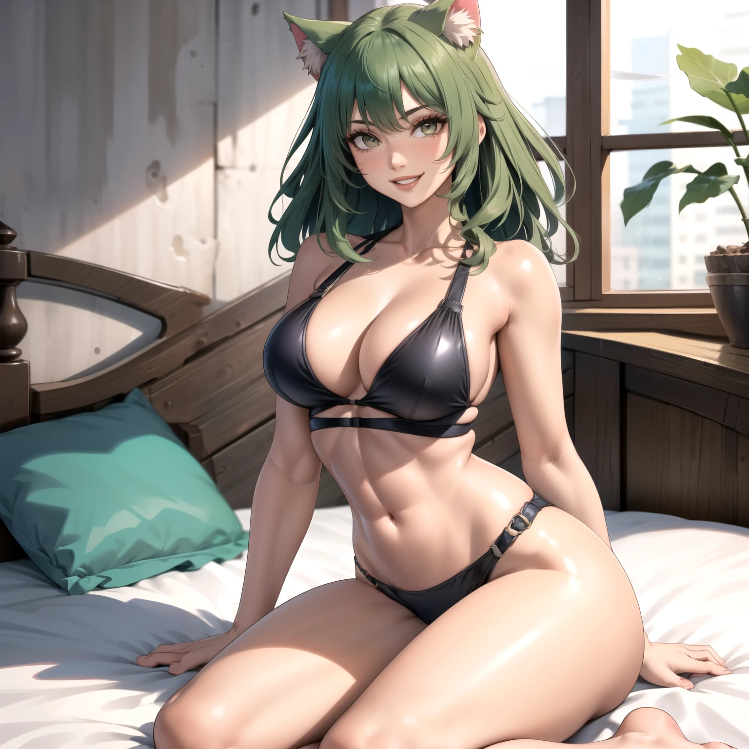1 sola mujer, mujer sola .Atalanta, mujer, orejas de gato, cabello rubio con puntas verdes, ojos verdes como esmeraldas, pechos grandes, sonrisa feliz, pechos grandes, lencera sexy, esta recostada en una cama. solo una mujer.