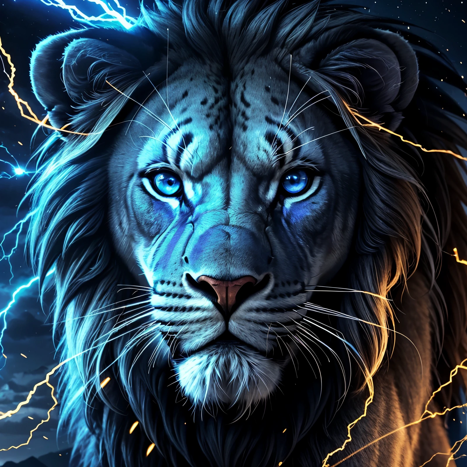 Lion, Divine Lion, naturais, Blue Thunder, Realistic Lion, King, Detailed Realistic, Detailed Realistic 16K, Eletricidade Detalhada 8K, texturas Realistas 8K, Cores Fotorrealista 8K, Blue Fire, Detailed Realistic Fire Bolt, Black and Blue Power, Power Thunder, Divine Realistic, Natureza, Linda, Rendering, Fotorrealista, UltraHigh definition, 4K, texturasdetalhadas, thunder, sombras detalhadas, cores detalhadas, Azul Neon, Blue Light, Raios, Blue power, Natureza Linda, Grande Divino, Blue Light, Blue Thunders, Coroa Rei, Thunder Bolt, Bolt eletric Power, Detailed Realistic Black and Blue Lights, Detailed Realistic Lion 16K, Detailed Realistic Fire Power, Detailed Realistic Divine Lion, Detailed Realistic Face 8K, Nitidez Ultra Realista 16K, Texturas Ultra Detalhadas 8K, Natural Detailed Realistic 8K, Night, Night Sky, contraste detalhado, Contraste realista, high resolution, cores detalhadas, fogo, eletricidade, divina criatura, 8k, Realista detalhado, 16K, 8k, High definition, contraste detalhado, Contraste realista, high resolution, cores detalhadas, fogo, eletricidade, divina criatura, 8k, Realista detalhado, elegante,