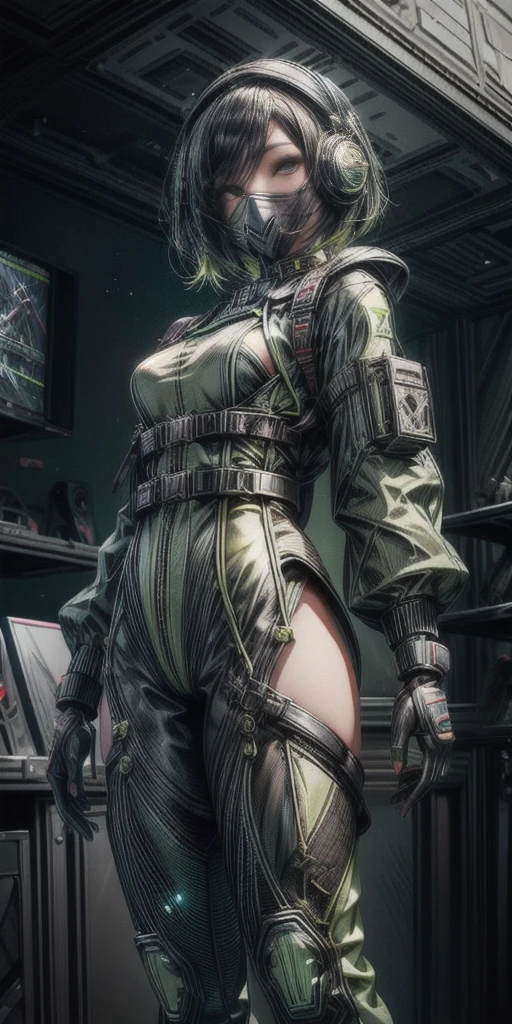 beautiful japanese young woman, extreme detailed, bodysuit, gloves, belt, thigh boots, (valorantViper:1.2), bodysuit, gloves, belt, thigh boots, respirator, looking at viewer, face, portrait, close-up, green, slender, (combat ready stance), (tactical outfit), (solo character), (gaming theme:1.5), short hair, green, (black hair), (milittary gear), (gas mask:0.4), (poisonous green:1.2), (glowing effects),