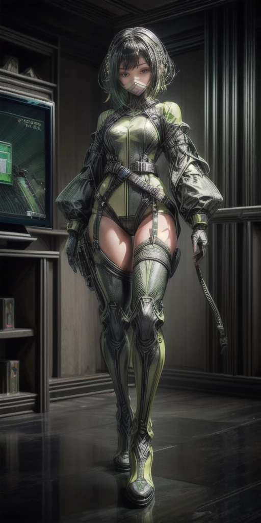 beautiful japanese young woman, extreme detailed, bodysuit, gloves, belt, thigh boots, (valorantViper:1.2), bodysuit, gloves, belt, thigh boots, respirator, looking at viewer, face, portrait, close-up, green, slender, (combat ready stance), (tactical outfit), (solo character), (gaming theme:1.5), short hair, green, (black hair), (milittary gear), (gas mask:0.4), (poisonous green:1.2), (glowing effects),