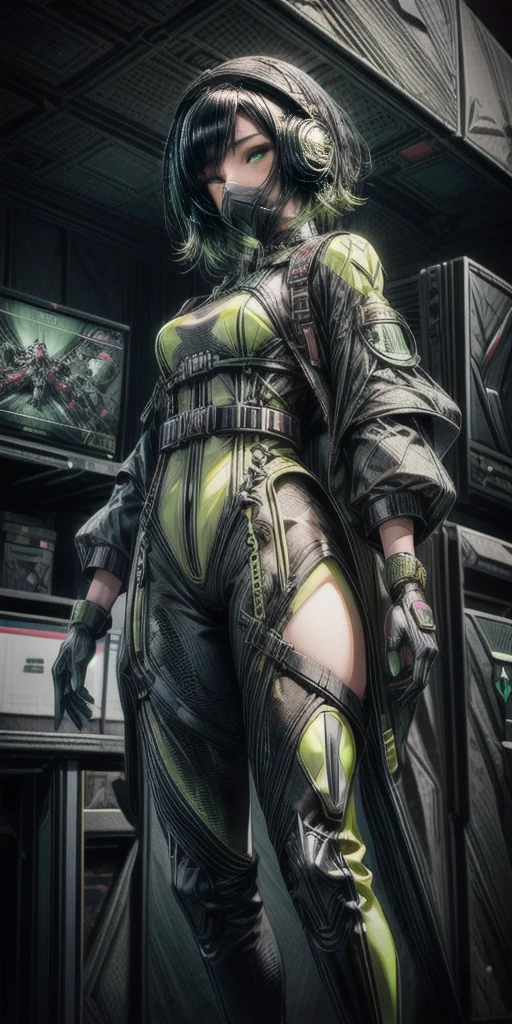beautiful japanese young woman, extreme detailed, bodysuit, gloves, belt, thigh boots, (valorantViper:1.2), bodysuit, gloves, belt, thigh boots, respirator, looking at viewer, face, portrait, close-up, green, slender, (combat ready stance), (tactical outfit), (solo character), (gaming theme:1.5), short hair, green, (black hair), (milittary gear), (gas mask:0.4), (poisonous green:1.2), (glowing effects),