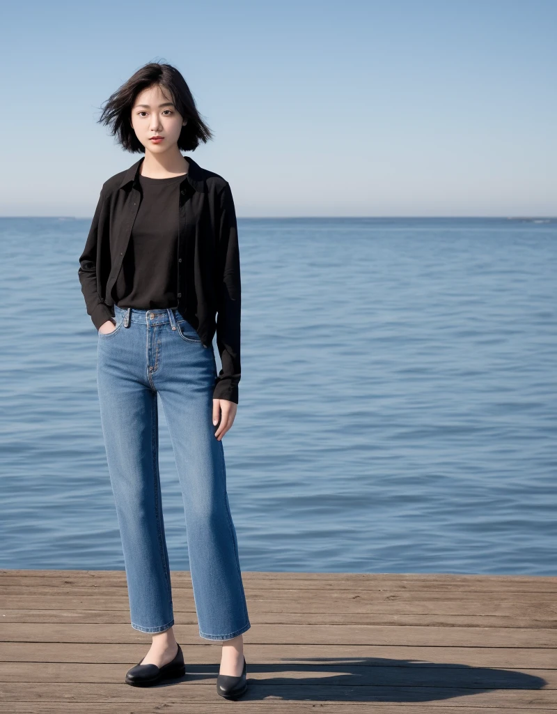 A young Japanese girl, short dark hair, wearing a black shirt, blue pants, and a black jacket, standing on a pier with a calm and clear background, high quality, detailed, photorealistic