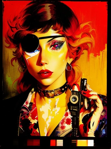 painting of a woman with a pirate eye patch and a gun, inspired by Otto Dix, inspired by Tadanori Yokoo, inspired by Chica Macnab, inspired by Kees van Dongen, portrait of blade runner rachael, inspired by Cindy Sherman, inspired by Ed Paschke, portrait of lady gaga, inspired by Shinoda Toko, inspired by Bruce Gilden