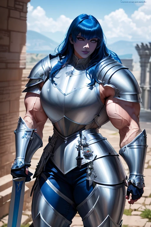 ((((Massive, tall, beautiful, buff, muscular pale white skinned female knight with royal blue hair, black lipstick, ginormous bulky muscles, holding a sword and shield and wearing an all royal blue gleaming knight armor with hauberk and pants)))), {close view}, black eyeliner, massive muscles, massive biceps, hyper muscle triceps, (long curly wavy hair), white eyes, knight boots, In a castle, hauberk, royal blue steel knight armor, armor breastplate, nighttime, confident smile, hyper muscles arms, hyper muscle legs, ginormous arms