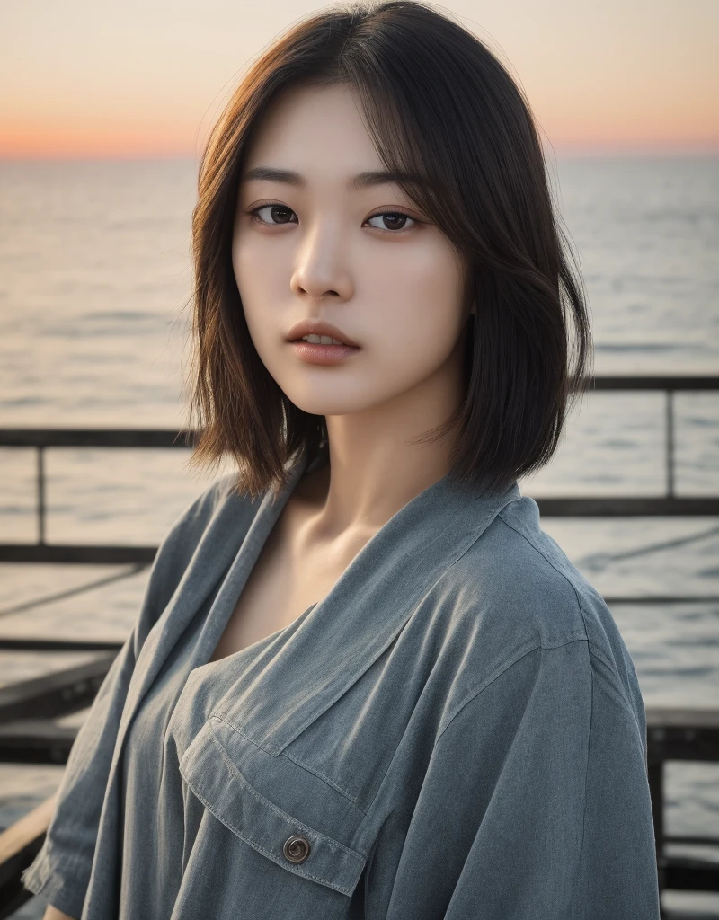 a young japanese girl, short dark hair, intricate facial features, beautiful detailed eyes, beautiful detailed lips, extremely detailed face, longeyelashes, black shirt, blue pants, black jacket, standing on a pier, calm clear sky, photorealistic, hyper detailed, 8k, realistic, studio lighting, high fashion, ultra-fine details, physically-based rendering, vivid colors