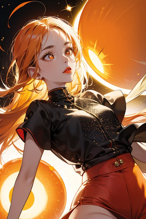AsaDoratchi resembles a sun. she has an round, orange body with uneven, yellow points around the outside. she has oval-like eyes with black pupils, and red lips. she has a narrow body with arms and legs, which is small enough that her face completely conceals it from the front and side. SPARKLE; GLITTER
