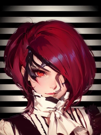 a drawing of a woman with red hair and a white shirt, symmetrical portrait rpg avatar, halfbody headshot, ((red)) baggy eyes, halfbody portrait, anime style portrait, semirealistic anime style, inspired by Ryuzaburo Umehara, portrait of ((mischievous)), portrait of jinx from arcane