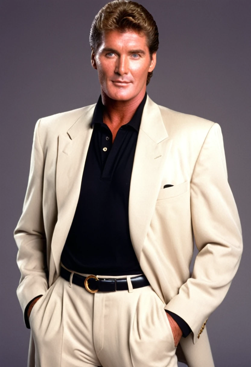 David Hasselhoff, 1990s, tan suit with black tee, suave, 1996, 90s style, blank background