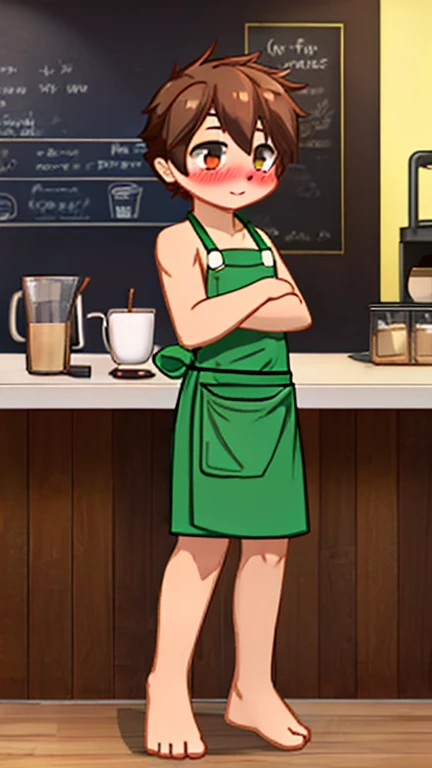 1boy, coffee, coffee shop, barista, coffee shop apron, green apron, shorts, shirtless, blush, barefoot