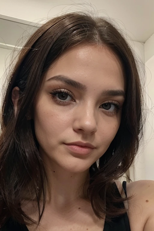 Chica de piel blanca ,cabello largo y negro, cara redonda ojos grandes hacia los lados,mirada penetrante labios rosados y debajo de un labio un lunar mediano ,con un vestido corto de color negro