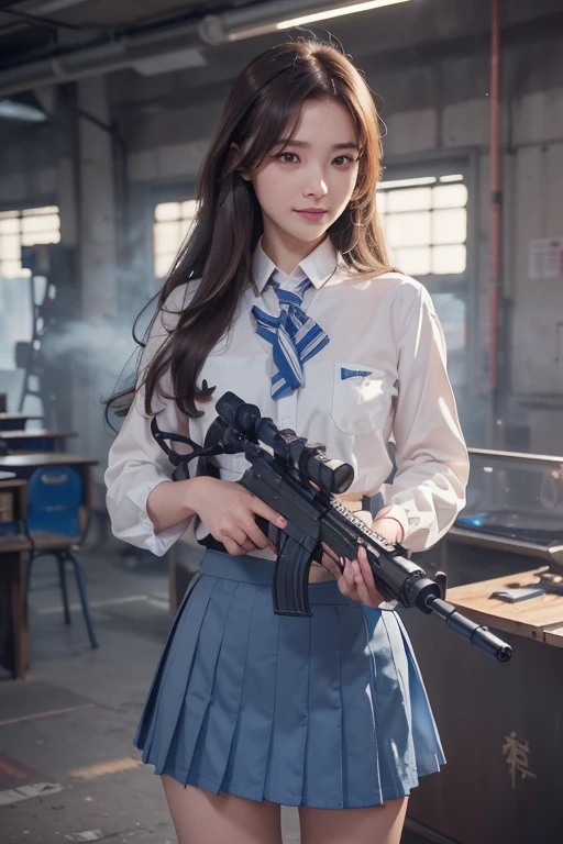 ({Very Aesthetic}, {Very Detailed}, {Very Real}, ,1 Cute Girl, from front, brown hair, semiLong Hair, Handsome Face, Delicate Eyes, (school uniform),Delicate Body, smile, (blue skirt),Hold a machine gun, Battlefield city with smoke rising,sensei,tooimage, cyberpunk, futuristic city