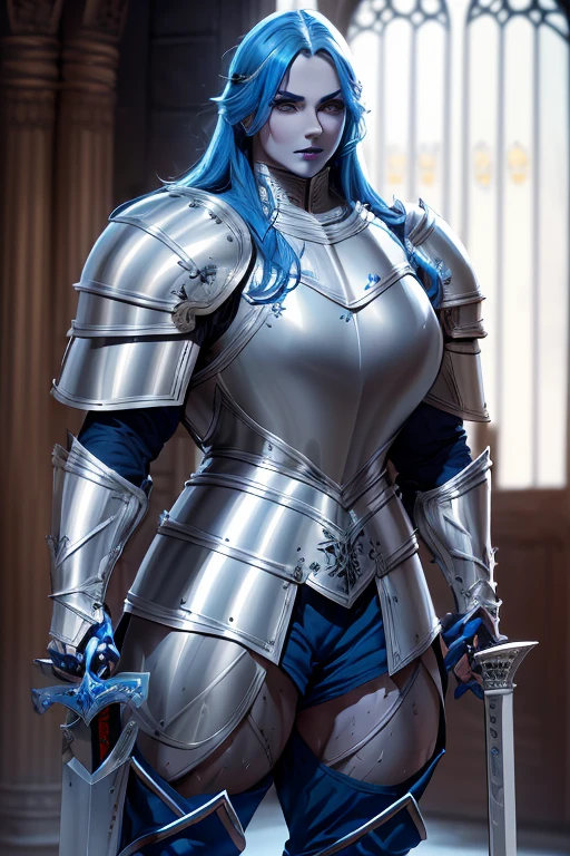 ((((Massive, tall, beautiful, buff, muscular pale white skinned female knight with royal blue hair, black lipstick, ginormous bulky muscles, holding a sword and shield and wearing an all royal blue gleaming knight armor with hauberk and pants)))), {close view}, black eyeliner, massive muscles, massive biceps, hyper muscle triceps, (long curly wavy hair), white eyes, knight boots, In a castle, hauberk, royal blue steel knight armor, armor breastplate, nighttime, confident smile, hyper muscles arms, hyper muscle legs, ginormous arms