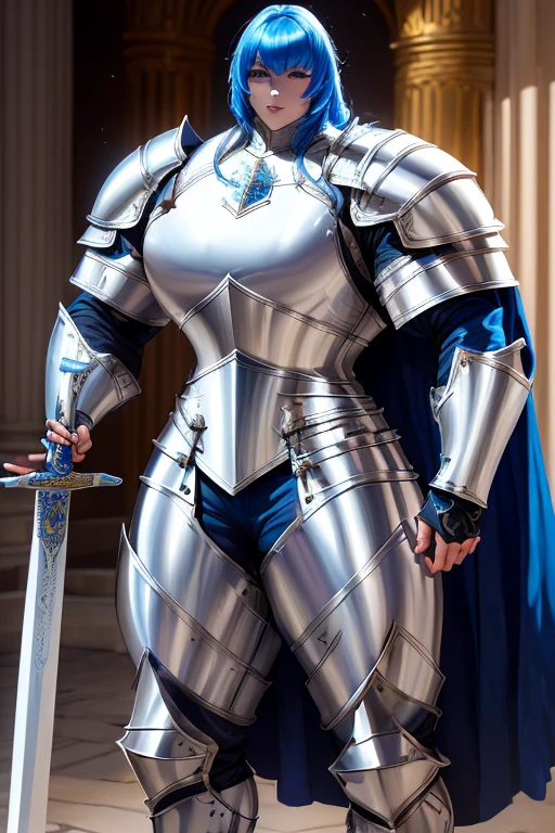 ((((Massive, tall, beautiful, buff, muscular pale white skinned female knight with royal blue hair, black lipstick, ginormous bulky muscles, holding a sword and shield and wearing an all royal blue gleaming knight armor with hauberk and pants)))), {close view}, black eyeliner, massive muscles, massive biceps, hyper muscle triceps, (long curly wavy hair), white eyes, knight boots, In a castle, hauberk, royal blue steel knight armor, armor breastplate, nighttime, confident smile, hyper muscles arms, hyper muscle legs, ginormous arms