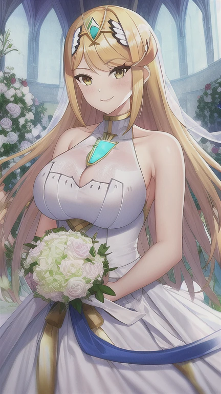 mythra, 1girl, solo, long_hair, breasts, looking_at_viewer, smile, bangs, blonde_hair, large_breasts, yellow_eyes, white_dress, wedding, wedding_dress, church, holding_flowers, upper_body