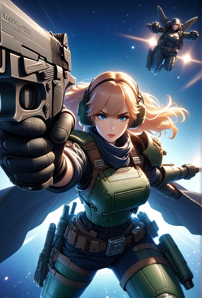 detailed illustration (side view),dynamic angle,ultra-detailed, illustration, pose for the camera, anime, clean line art, shading, woman, Big strong woman, wearing power armor, hand outstretched towards camera, fighting, rescuing viewer, helmet off, no helmet, beautiful woman, beautiful face, caring face, concerned face, female space marine, warhammer space marine, women space marines