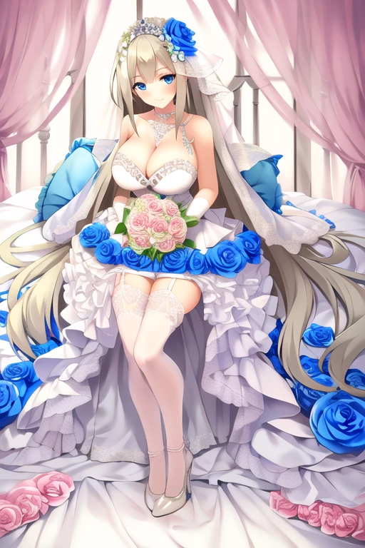 ((masterpiece)), (((best quality))), ((ultra-detailed)), ((illustration)), ((disheveled hair)), ((frills)), (1 girl), (solo),1girl,anthropomorphization , bent knees, blonde hair , blue eyes, blue flower , blue rose, blush, braid , breasts , choker, cleavage , clothing, dress, female, female only, flower , footwear , garter belt, gloves, hair flower, hair ornament, halter dress, high heels , large breasts , legwear , lingerie , long hair , looking at viewer, rose, shoes , sitting , smile, strap, thighhighs , thighs , tied hair , very long hair, white dress , white footwear , white legwear, Trailing wedding dress,