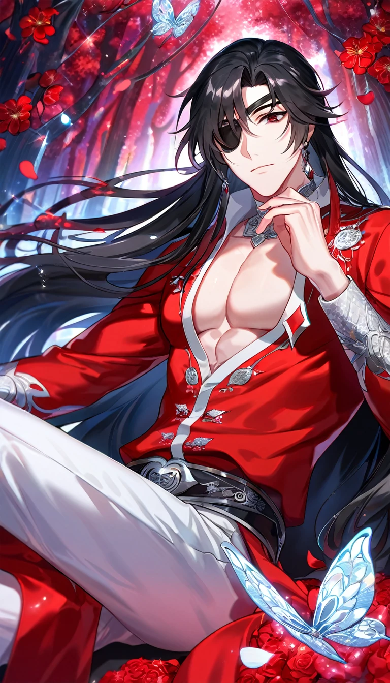 Ultra detailed, HDR, Highres, absurdres, master piece, Hua Cheng, black long hair, expressive red eye, black eye patch, Heaven Official's Blessing, glittering silver butterflies, petals, red clothes, red flowers, handsome, sexy man, toned chest, extremely detailed face and eyes, glittering, red forest, perfect face, red rain, white pants, sitting