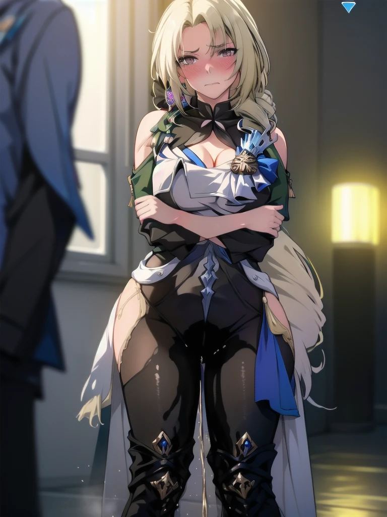 (highest quality:1.37), (masterpiece:1.37), HDR, physically-based rendering, bokeh, (cinematic lighting:1.37), CocoliaV5, standing. The artwork is inspired by manga and incorporates a doujin style. The woman appears to be (wetting herself:1.5), which causes her to feel embarrassed and humiliated, resulting in a blush on her face. In addition, there is an air of anger in her expression. The lighting in the scene is moody, with a spotlight highlighting the woman's figure, her arms are crossed (arms crossed:1.5), (crossing arms:1.5), pee stain, peeing stain on her (yoga pants)., large breasts, skinny