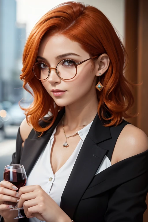 imagem de perfil, young businesswoman with short wavy natural orange hair that reaches her shoulders, rectangular wine-colored glasses with nose ring. Rosto jovial, nem fino e nem redondo, Intermediary