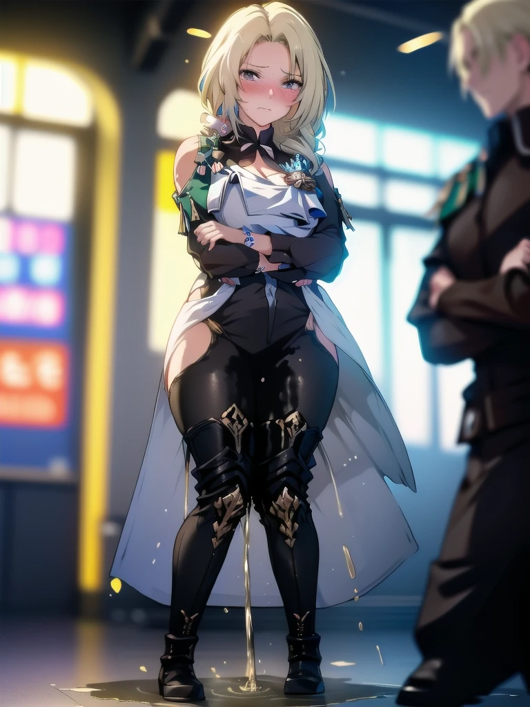 (highest quality:1.37), (masterpiece:1.37), HDR, physically-based rendering, bokeh, (cinematic lighting:1.37), CocoliaV5, standing. The artwork is inspired by manga and incorporates a doujin style. The woman appears to be (wetting herself:1.5), which causes her to feel embarrassed and humiliated, resulting in a blush on her face. In addition, there is an air of anger in her expression. The lighting in the scene is moody, with a spotlight highlighting the woman's figure, her arms are crossed (arms crossed:1.5), (crossing arms:1.5), pee stain, peeing stain on her (yoga pants)., large breasts, skinny