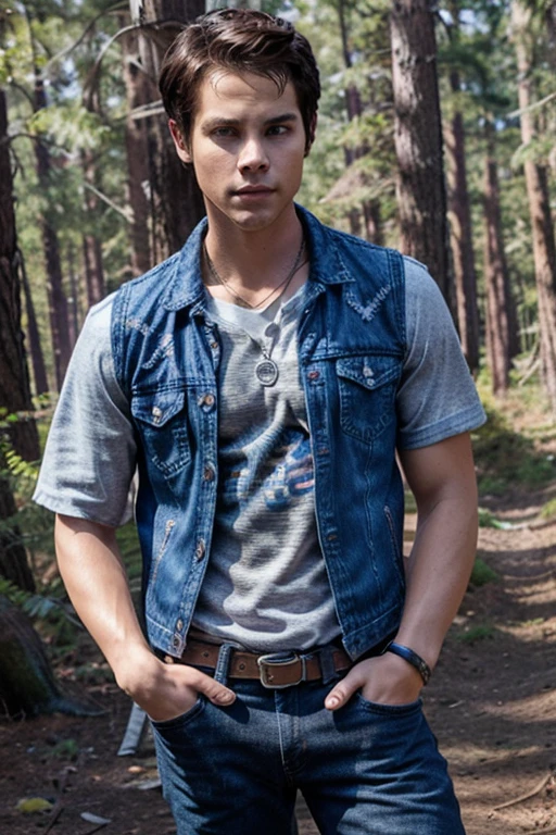 Dylan O'Brien, Stiles Stilinski, Wolf, 18 years old, short messy dark brown hair, honey eyes, purple denim vest with music note print, purple shirt with music note print, blue denim jeans with silver belt , open Light purple denim jacket, purple shirt, fox pendant, white fox print. forest background fox aura around black color