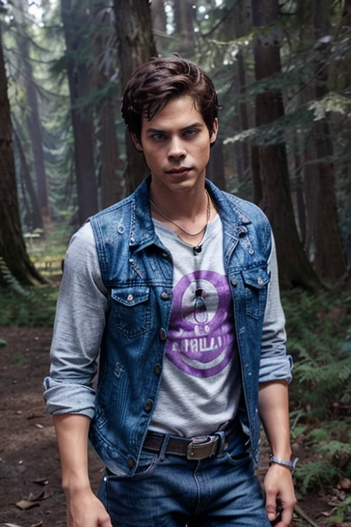 Dylan O'Brien, Stiles Stilinski, Teen Wolf, 18 years old, short messy dark brown hair, honey eyes, purple denim vest with music note print, purple shirt with music note print, blue denim jeans with silver belt , open Light purple denim jacket, purple shirt, fox pendant, white fox print. forest background fox aura around black color