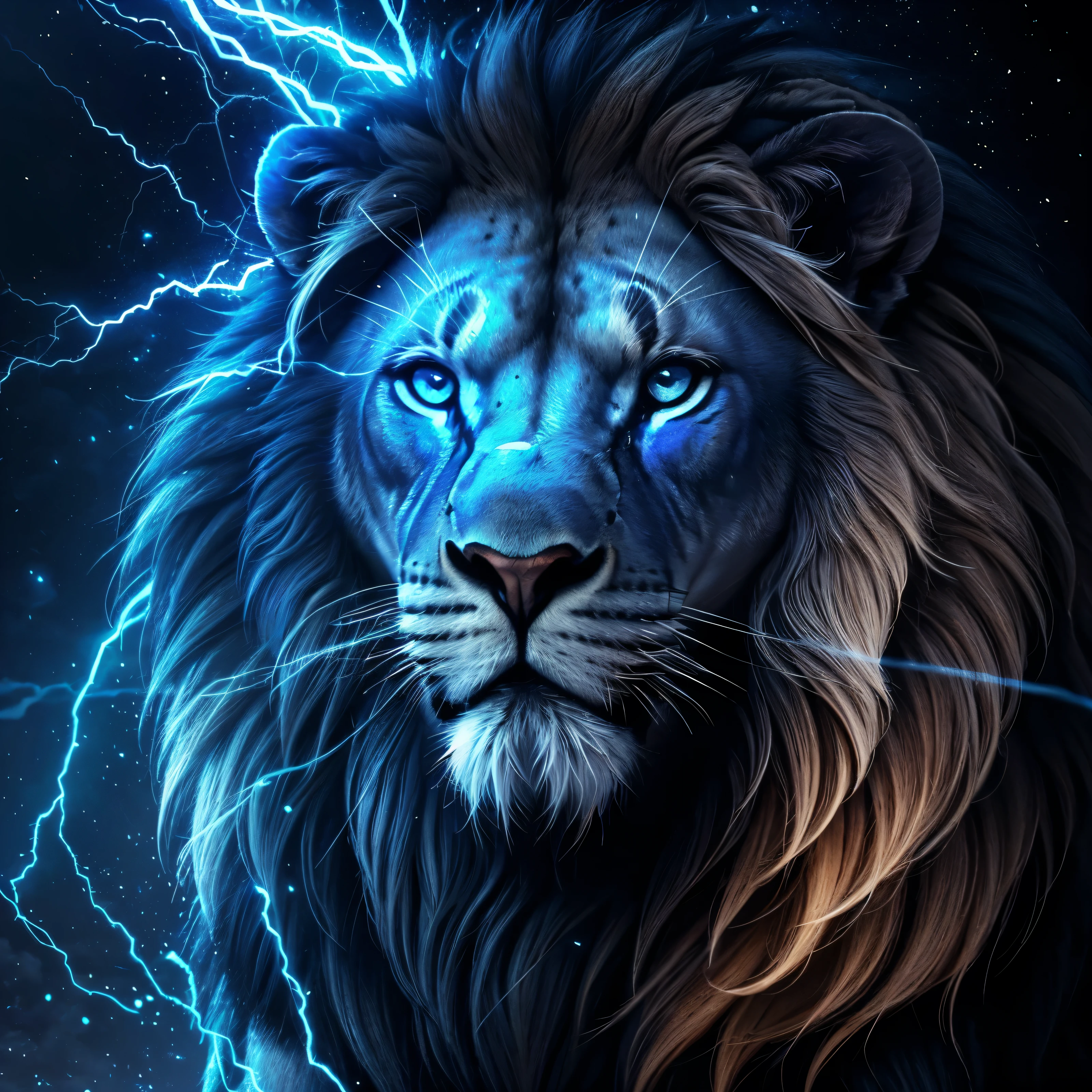 Lion, Divine Lion, naturais, Blue Thunder, Realistic Lion, King, Detailed Realistic, Detailed Realistic 16K, Eletricidade Detalhada 8K, texturas Realistas 8K, Cores Fotorrealista 8K, Blue Fire, Detailed Realistic Fire Bolt, Black and Blue Power, Power Thunder, Divine Realistic, Natureza, Linda, Rendering, Fotorrealista, UltraHigh definition, 4K, texturasdetalhadas, thunder, sombras detalhadas, cores detalhadas, Azul Neon, Blue Light, Raios, Blue power, Natureza Linda, Grande Divino, Blue Light, Blue Thunders, Coroa Rei, Thunder Bolt, Bolt eletric Power, Detailed Realistic Black and Blue Lights, Detailed Realistic Lion 16K, Detailed Realistic Fire Power, Detailed Realistic Divine Lion, Detailed Realistic Face 8K, Nitidez Ultra Realista 16K, Texturas Ultra Detalhadas 8K, Natural Detailed Realistic 8K, Night, Night Sky, contraste detalhado, Contraste realista, high resolution, cores detalhadas, fogo, eletricidade, divina criatura, 8k, Realista detalhado, 16K, 8k, High definition, contraste detalhado, Contraste realista, high resolution, cores detalhadas, fogo, eletricidade, divina criatura, 8k, Realista detalhado, elegante,