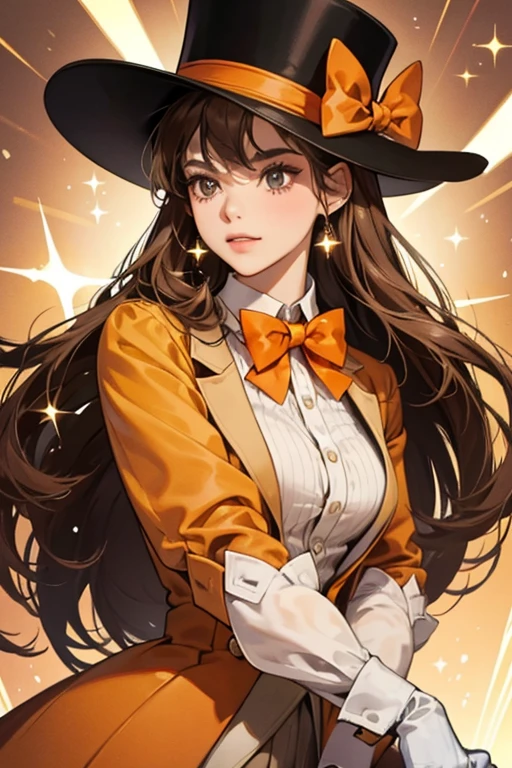 she wears a dim brown top hat, a dim brown suit, an orange bow tie, and white gloves. SPARKLE; GLITTER