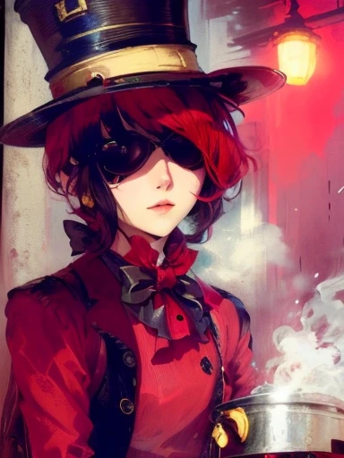 anime girl with red hair wearing a top hat and a black top, inspired by Kawabata Ryūshi, unknown artstyle, lofi steampunk bioshock portrait, crimson themed, ((red)) baggy eyes, lofi bioshock steampunk portrait, inspired by Ryuzaburo Umehara, the madhatter, inspired by Kamisaka Sekka