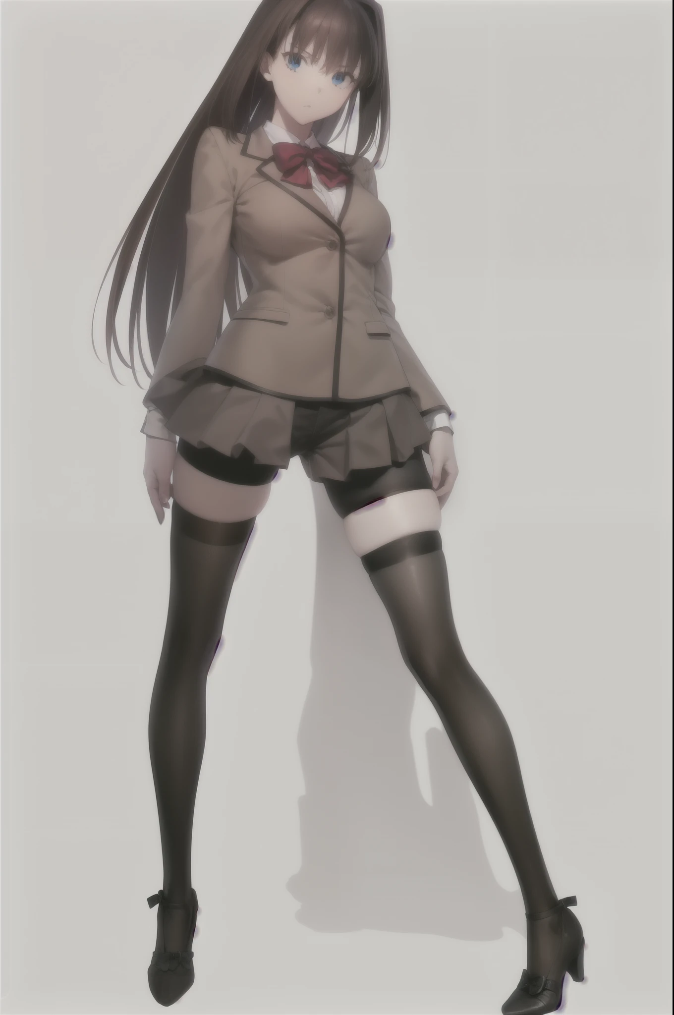 8k, highest quality, highest detail, AokoSchoolUniform, 1girl, solo, 2 legs, luscious hair, very long hair, (chestnut-brown hair with slightly reddish undertone), perfect face, red bowtie, beige blazer, white shirt, (large breasts:0.7), nice hips, (Umber pleated-skirt:1.5), (black spandex shorts:1.4), (nice thighs:1.5), (symmetrical black thigh-high stockings:1.5), (brown Strap-Shoes), standing straight, ((Full body in frame including full shoes)), white-empty background, (((empty background:1.8)))