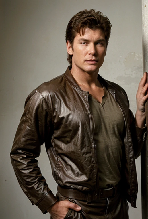 david hasselhoff, twenty years old, photorealistic, 1990s, tan suit with black tee, suave, 1996, 90s style, blank background