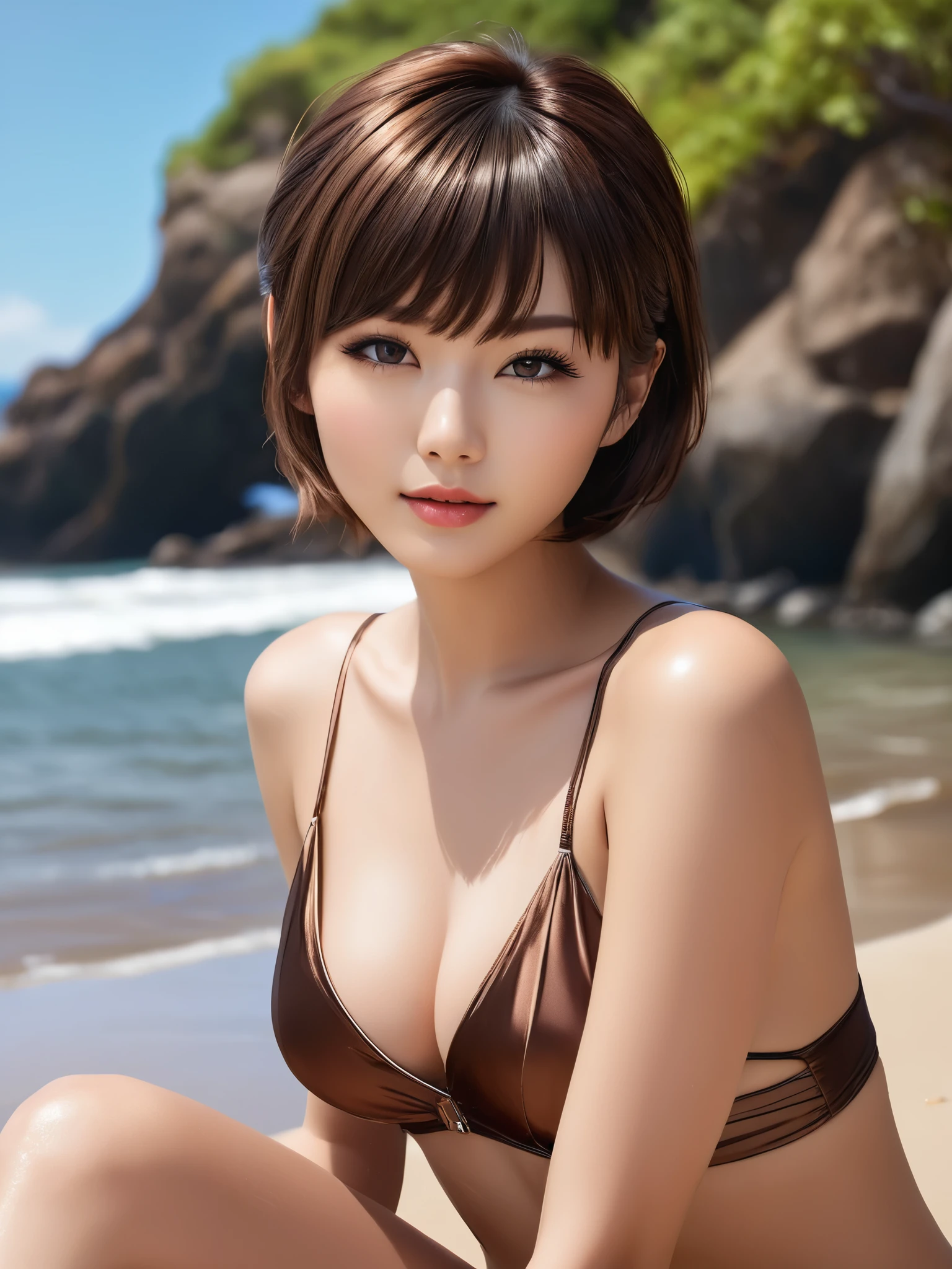 product quality, 1girl, full body shot, composition looking subject up from below, a Japanese young pretty woman, hyper pretty face, short hair, sitting on a beach, shiny satin dark brown micro bikini, busty, wet body, glossy lips, glamorous figure, double eyelids in both eyes, natural makeup, long eyelashes, shiny smooth light brown hair, asymmetrical bangs, fair skin, central image, high resolution, high detail, detailed hairstyle, detailed face, spectacular cinematic lighting, octane rendering, vibrant, hyper realistic, perfect limbs, perfect anatomy