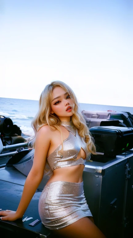 Mujer rubia con vestido plateado posando en un barco con un barco al fondo, sydney sweeney, ana de armas, margot robbie en la playa, ana de armas as joan of arc, retrato de ana de armas, Imogen Poots, diosa rubia, Imogen Poots as holy paladin, retrato de kim petras