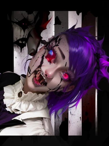 a close up of a person with purple hair and a creepy face, gapmoe yandere grimdark, portrait gapmoe yandere grimdark, inspired by Alfred Freddy Krupa, digital art from danganronpa, fanart, drawn with photoshop, creepy clown girl, cutecore clowncore, nightmare portrait, gapmoe yandere, [ digital art ]!!